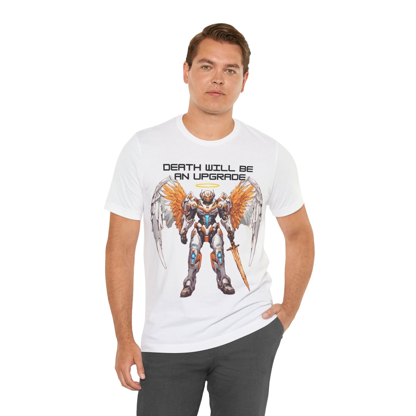 The Holy Fight "Death Will Be an Upgrade" Christian T-Shirt – Angel with Sword in Space Suit Design