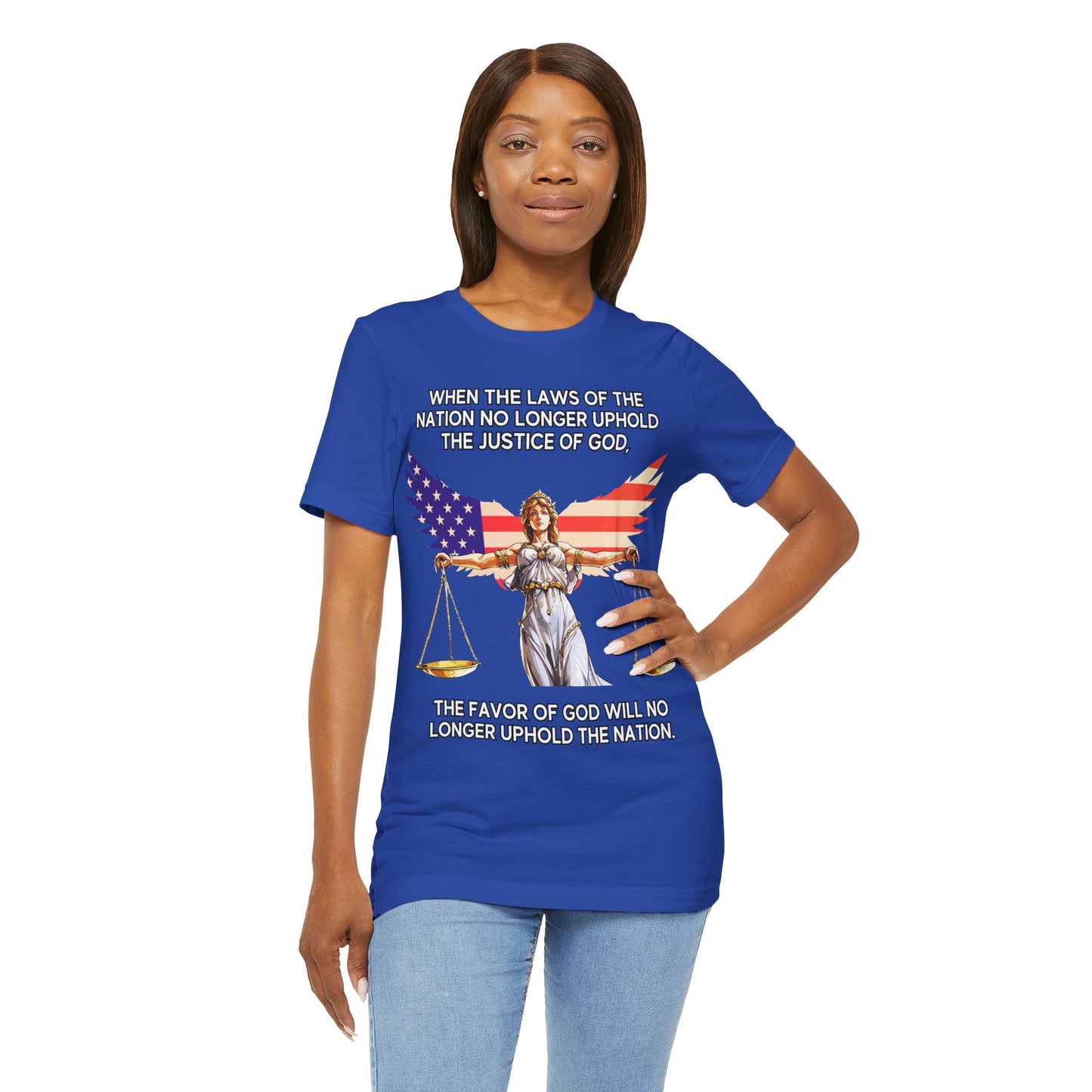 "Lady Justice and God’s Favor T-Shirt | Christian Patriotism Apparel by The Holy Fight"