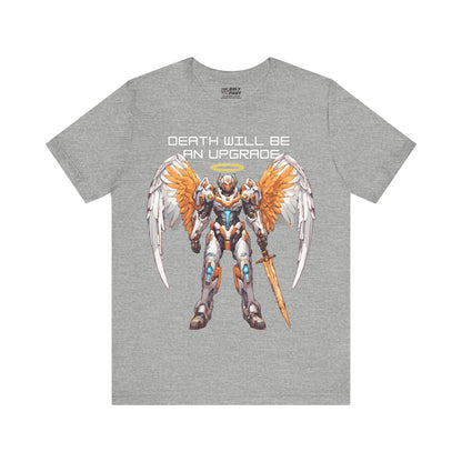 The Holy Fight "Death Will Be an Upgrade" Christian T-Shirt – Angel with Sword in Space Suit Design
