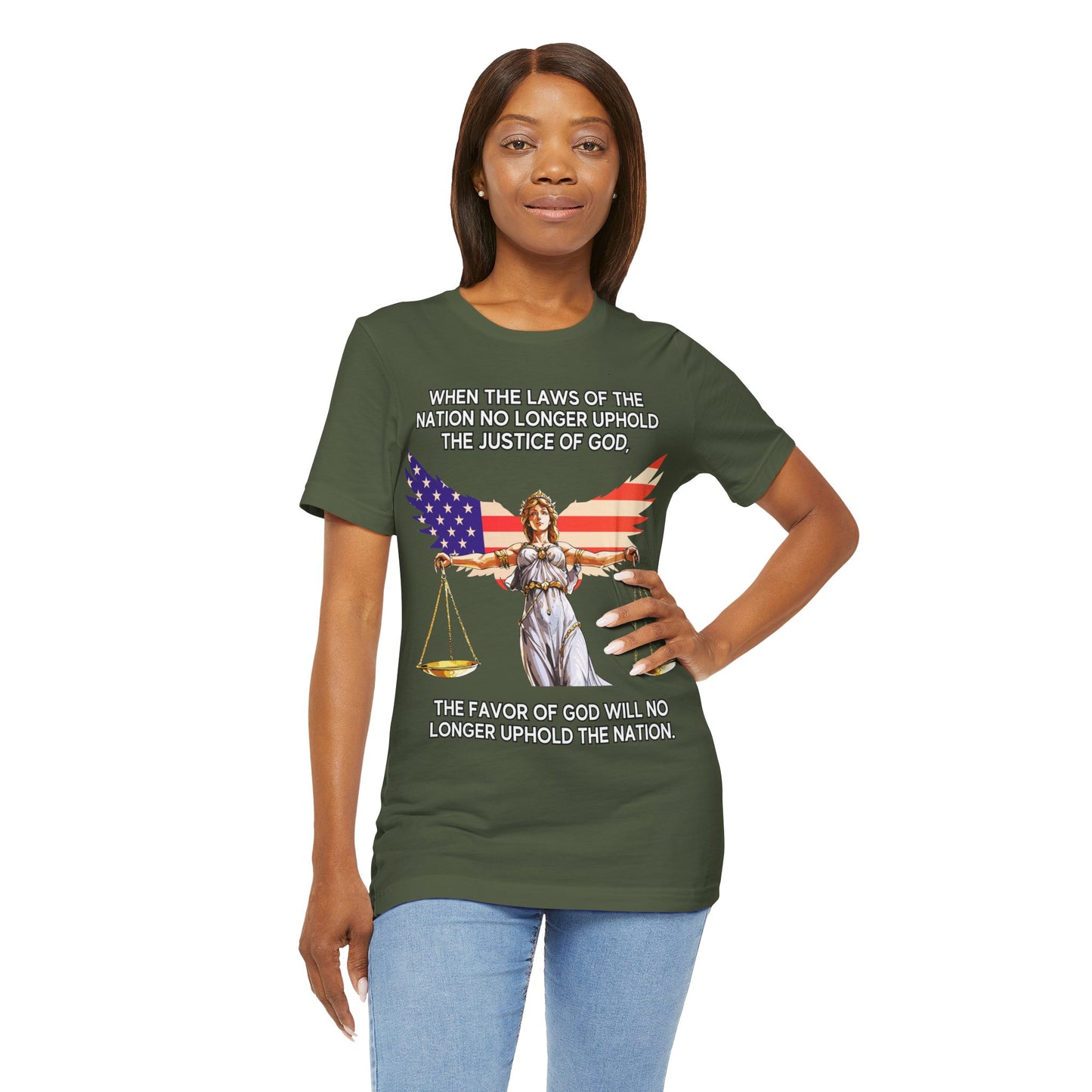 "Lady Justice and God’s Favor T-Shirt | Christian Patriotism Apparel by The Holy Fight"