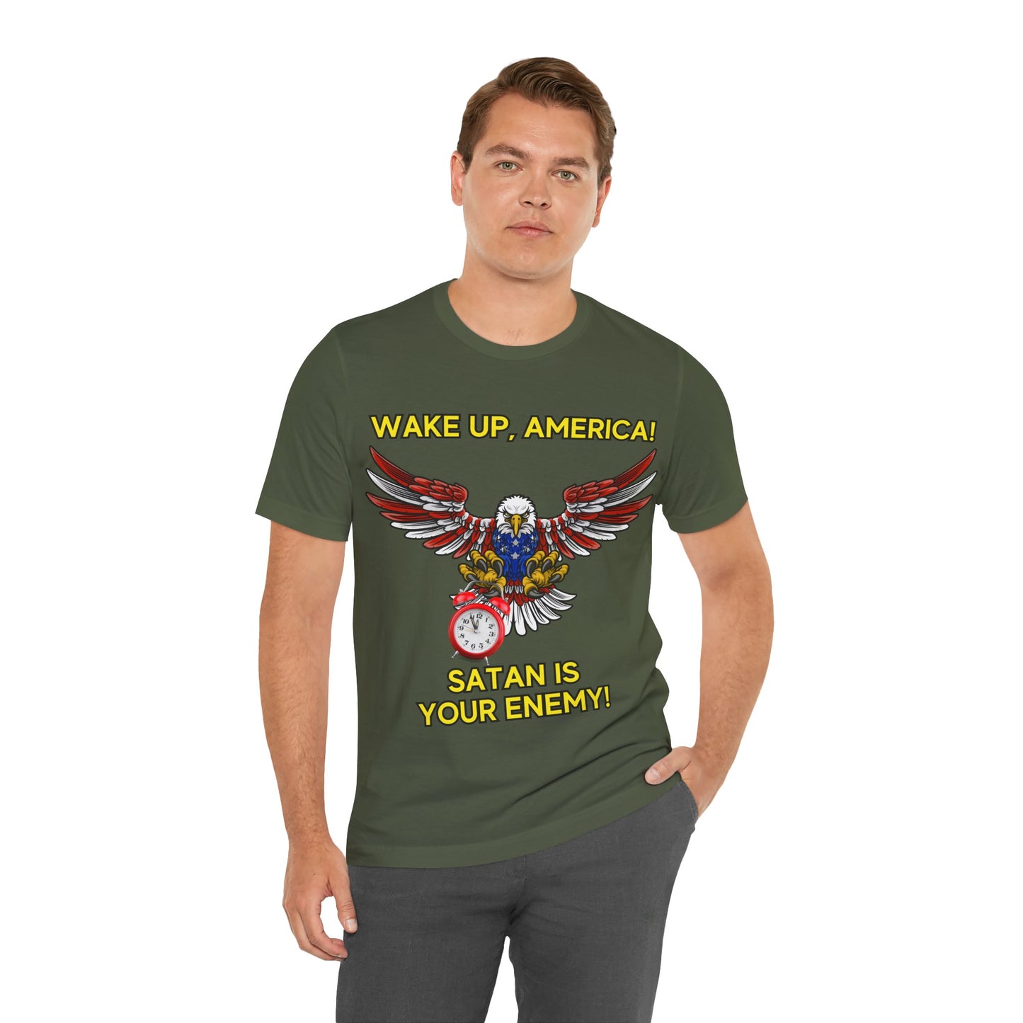 The Holy Fight "Wake Up America, Satan is Your Enemy" Patriotic Christian T-Shirt – Bold Call to Spiritual Vigilance