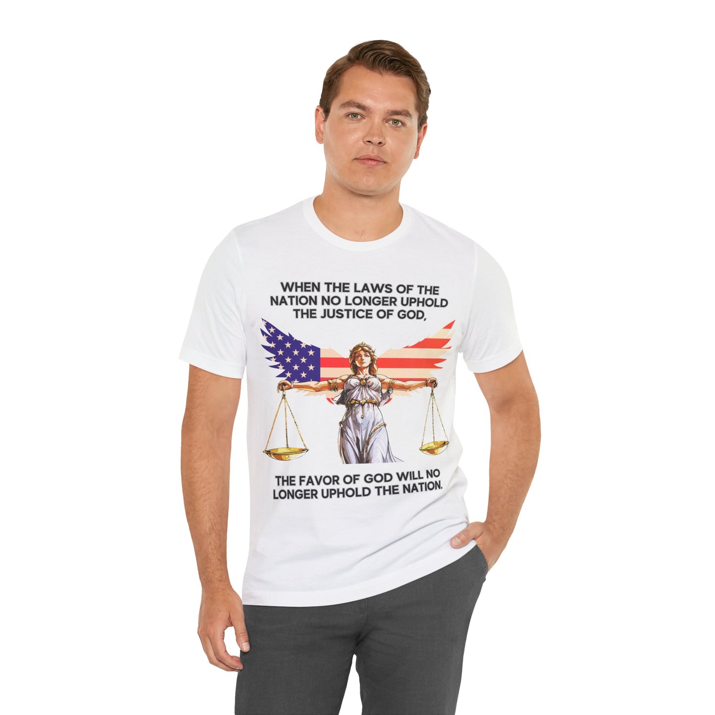 "Lady Justice and God’s Favor T-Shirt | Christian Patriotism Apparel by The Holy Fight"