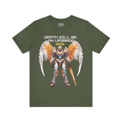 The Holy Fight "Death Will Be an Upgrade" Christian T-Shirt – Angel with Sword in Space Suit Design