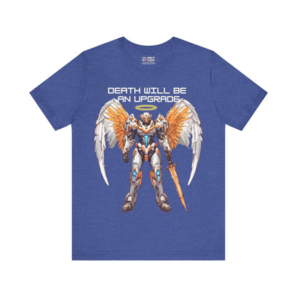 The Holy Fight "Death Will Be an Upgrade" Christian T-Shirt – Angel with Sword in Space Suit Design