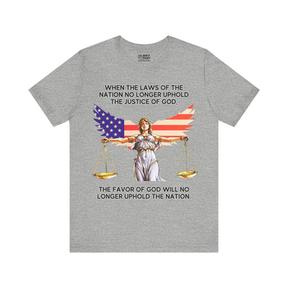 "Lady Justice and God’s Favor T-Shirt | Christian Patriotism Apparel by The Holy Fight"