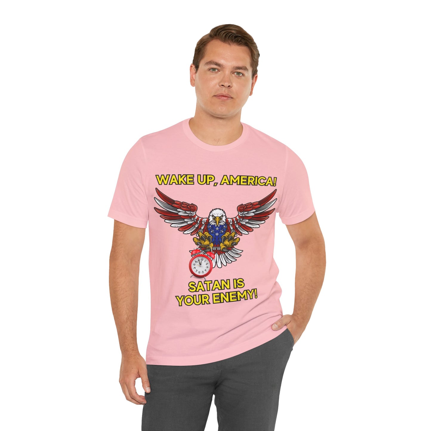 The Holy Fight "Wake Up America, Satan is Your Enemy" Patriotic Christian T-Shirt – Bold Call to Spiritual Vigilance